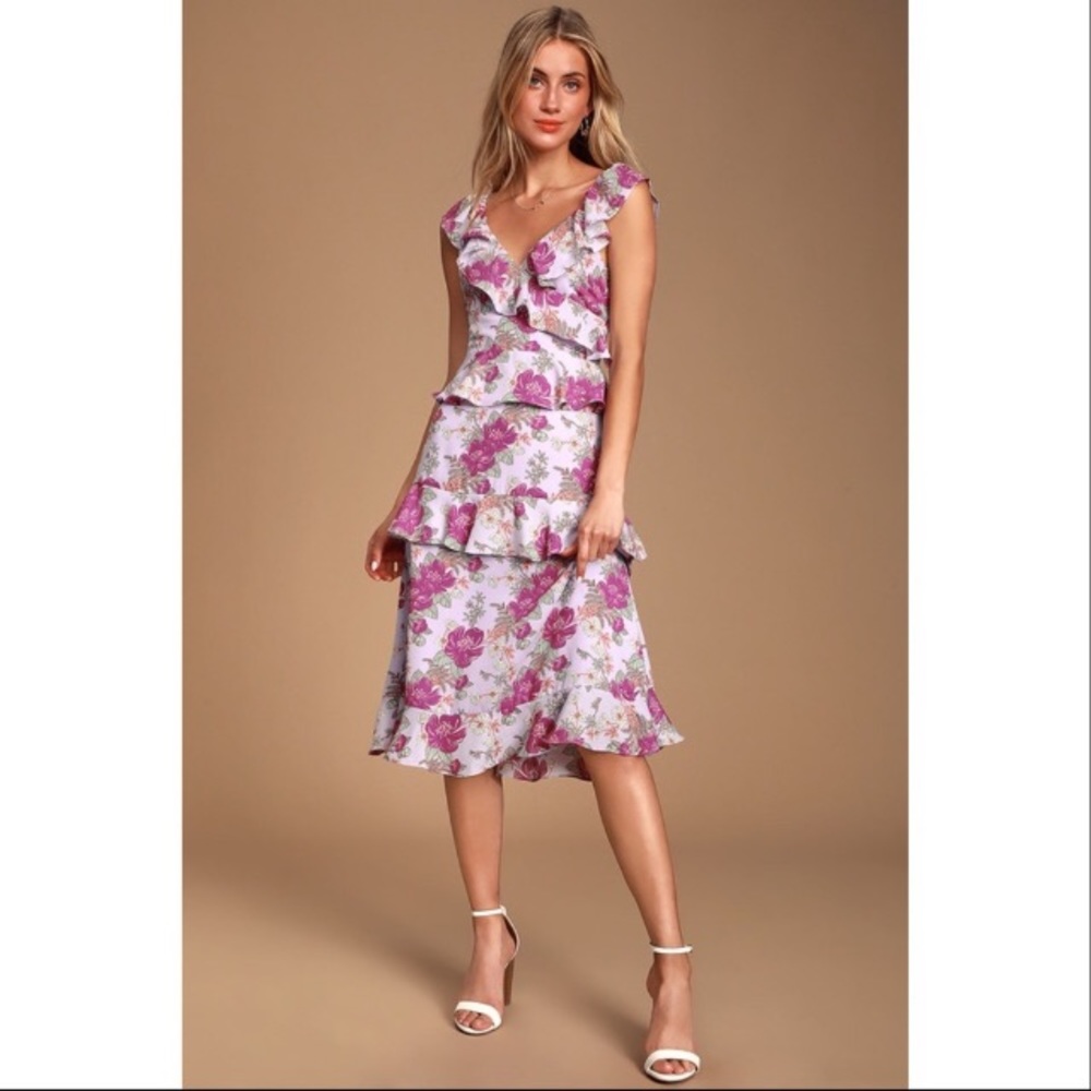 Lulus fleur-evermore floral ruffled midi dress